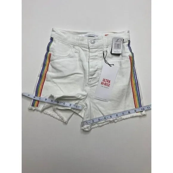 Celebrity‎ Pink Jean Shorts 0 White Juniors' Rainbow Stripe Stretch Raw-Hem NEW - Picture 4 of 13